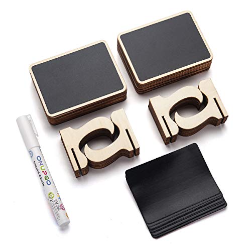 20 Pack Wooden Mini Chalkboard Signs with Easel Stand, 4x3 Inch Small Tabletop Chalkboard for Food Labels, Wedding Place Cards, Party Buffet - Reusable, with Replacement Stickers & Storage Box - color: A: Rectangle Edge Mini Chalkboards