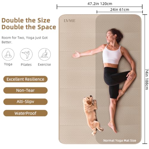 Foldable Yoga Mat 74"x47.2"x 0.4" – Large Yoga Mat | Non-slip, thick 0.4" cushion for comfort, odor-free TPE, for stretching/home gym/outdoor, easy store & carry - color: Beige+Black