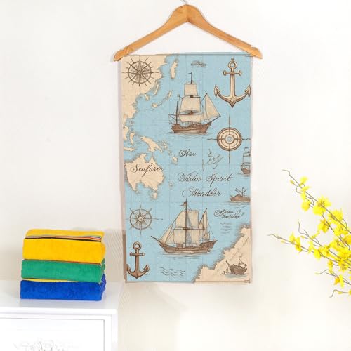 Map Caravels Wind Roses Hand Towel Vintage Sailing Yachts Anchors Adventure Face Towels Suit Travel Sports Pool Swimming Bath Camping Spa Gym Yoga,15x30 Inch - color: Map Caravels Wind Roses
