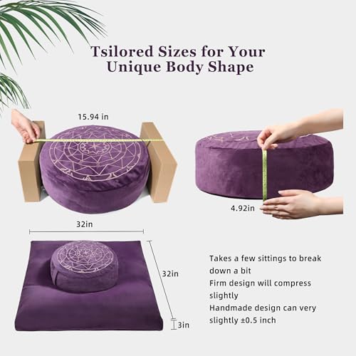 ellier Zafu & Zabuton Meditation Cushion Set - Buckwheat Hull & Memory Foam Pillows, Ergonomic Support for Yoga, Mindfulness - Organic Velvet Cover, Large Size, Purple - color: Purple