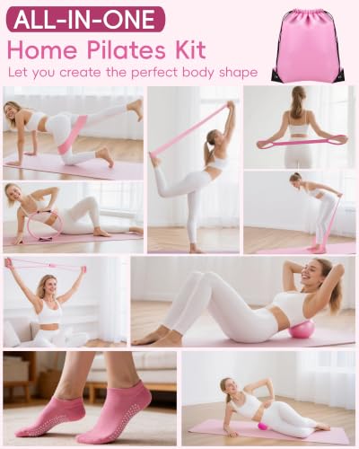 KABCON Pilates Kit for Home, Women Beginners Workout Essentials Set - size: Pink 14PCS