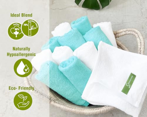 Washcloths 12 Pack 33 x 33 cm - Soft Face Cloths for Your Facial Towel, Wash Cloths for Your Body (White + Teal) - color: White+teal