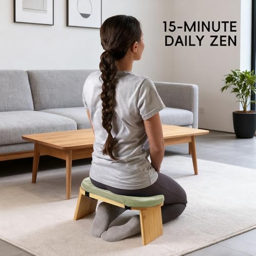 Natural Beech Wood Yoga Bench, Ergonomic Design for Kneeling, Meditation, Pilates, FSC Certified (Green) - color: Green