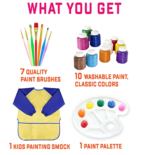 Kids Painting Set, Washable Paint for Toddlers 10 Colors, Art Gift Bundle | Includes 10 Tempera Paints (2 oz Each), 7 Paintbrushes, Paint Palette, Art Smock, Features Non-Toxic, Low-Odor