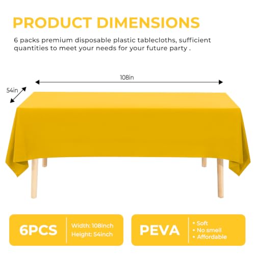 6 Pack Premium Disposable Plastic Tablecloth 54" x 108" Party Table Cloths Disposable for 6 to 8 Foot Tables Indoor or Outdoor Parties Birthdays Weddings Christmas Anniversary Buffet Table (Yellow) - color: Yellow
