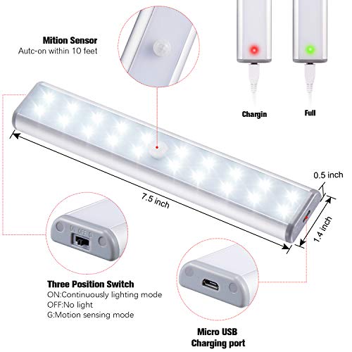 Motion Sensor Cabinet Lights,USB Rechargeable 20 LED Portable Cordless Closet Lighting,Wireless Under Counter Light Bar, Magnetic Removable Stick-On Anywhere for Wardrobe/Cupboard/Stairs (2 Pack) - color: Silver-white Light, size: 20LED