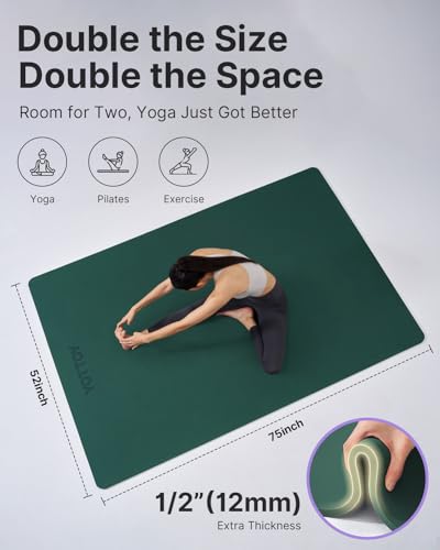 YOTTOY Large Yoga Mat (75 * 52 * 1/2inch),Extra Wide TPE Exercise Mat,Non-Slip Workout Mat for Pilates, Fitness, Barefoot, Home Gym Studio with Strap and Towel - color: Green, size: 75*52*1/3inch