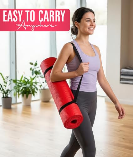 ROMIX Yoga Mat Thick 10Mm, Non-Slip Exercise Mat, 72 X 24 In, NBR - color: Red