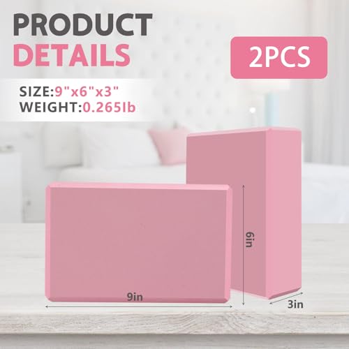 9"x6"x3" Yoga Blocks, Soft Non-Slip Surface Premium Foam Blocks, Supportive, Lightweight, Odor Resistant, Yoga Accessories for Pilates Meditation General Fitness Stretching Toning - color: pink-2 Pack
