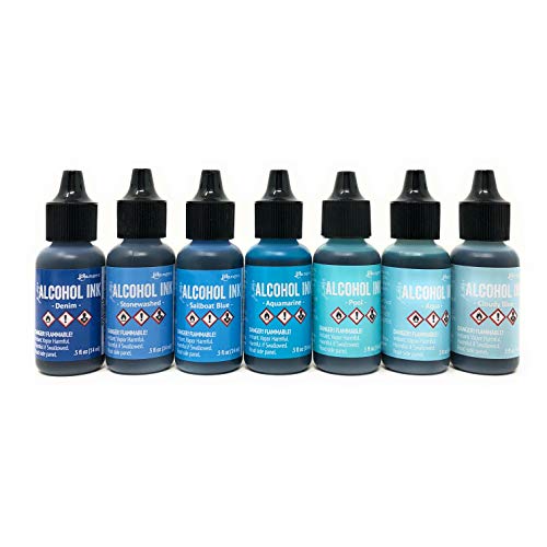 Tim Holtz Alcohol Inks - Shades of Blue - Denim, Stonewashed, Aquamarine, Pool, Cloudy Blue - 7 Ink Set - 10 Blending Tools - color: Blue