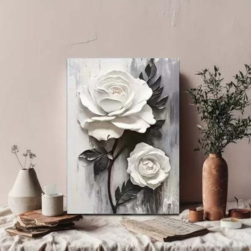 GEMOUJ 3 Packs Flower Paint by Numbers Kit for Adults - White Rose Adult Paint by Number Kits on Canvas for Beginner, DIY Painting by Numbers Kit,for Home Wall Decor 12 x 16 Inch - color: GM10-12