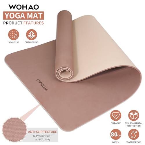 8mm Extra Wide 80cm Yoga Mat Non Slip | Spacious 80cm x 72" mat for tall users, gym, pilates. POE, reversible dual-color, non-slip, tear-proof, odorless, strap. - color: Brown+Apricot