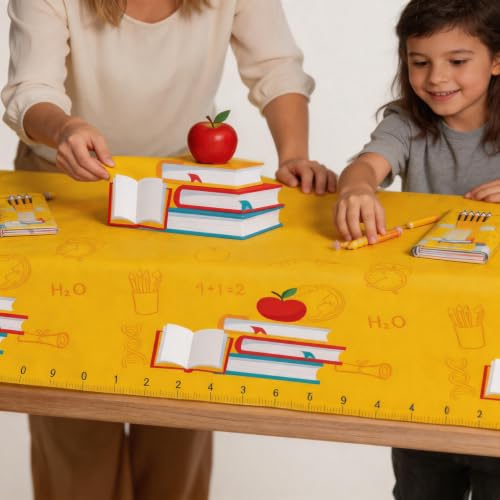 Back to School Party Tablecloth, 1PCS Disposable Plastic Table Cover, Yellow Ruler Apple Book Design, Rectangular Classroom Tablecloth for First Day of School, Teacher Appreciation Party Supplies - color: Tablecloth