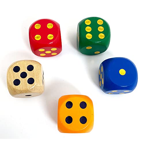 SmartDealsPro Set of 5 Random Color Large 1 1/5" Round Edge Wooden Dice (5 Colors with dots) - color: 5 Colors 5 Pieces