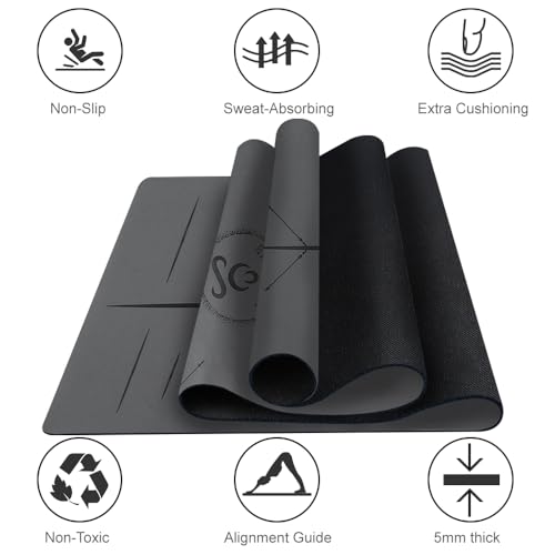 Natural Rubber Yoga Mat - Non Slip Non Toxic - 5mm Thick Yoga Mat for Hot Yoga/Pilates - Extra Large 26.8’’ with Alignment Guide - Sweat Proof - with Carrying Bag - color: Dark Grey