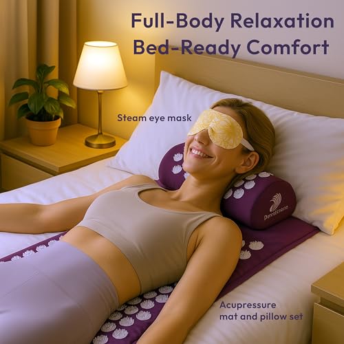 Acupressure Mat & Pillow Set + Chamomile Self‑Heating Steam Eye Mask (16 Pack) – Head‑to‑Toe Stress Relief, Pain Management & Sleep Support