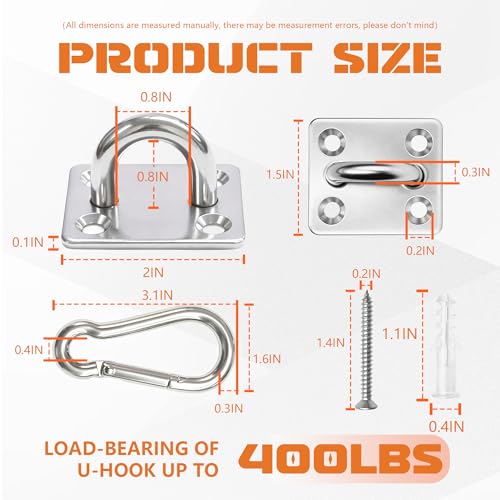 2Pcs M6 304 Stainless Steel Heavy Duty Pad Eye Plates w/Snap Hooks | Rustproof 304 SS Pad Eye Plates w/ Hooks, Heavy Duty for Indoor Outdoor Use, Fits Hammock Swing Yoga Sling Ceiling Mount - size: 2pk M8