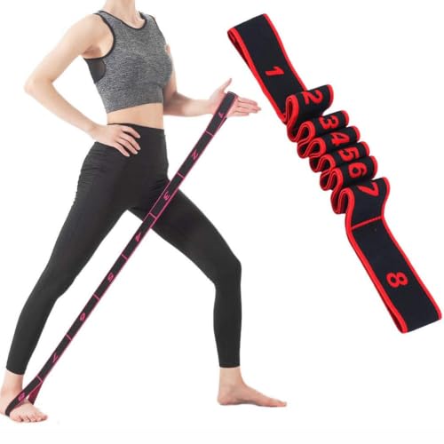 Stretching Strap with Loops for Yoga, Yoga Stretch Strap, Stretch Strap for Physical Therapy, Pilates Stretch Band, 8 Loop Exercise Strap for Flexibility, Hamstring Stretch, Home Workout with Storage Bag - color: Red