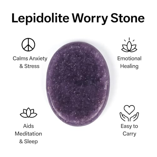 Natural Polished Thumb Palm Crystal for Meditation, Lepidolite Worry Stone for Stress Relief, Anxiety Support & Pocket Reiki Healing - color: Lapidolite