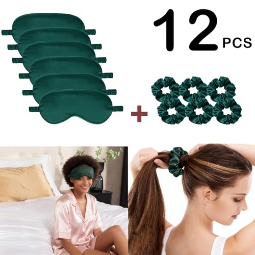 12Pcs Silk Sleep Masks Satin Eye Mask Silky Eyes Cover Blindfold Eyeshade Hair Ties Scrunchy Travel Bridesmaids Gifts - color: Evergreen