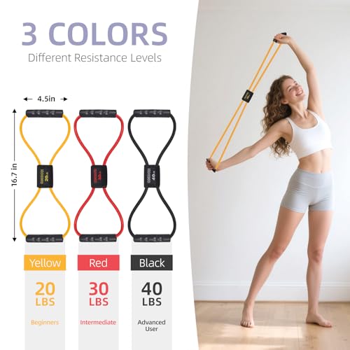 Figure 8 Resistance Bands with Handles for Women Men, Exercise Bands for Back, 8 Shaped Resistance Bands for Arms, Shoulder, Leg Stretching, Physical Therapy, Yoga, Pilates, Home Gym Workout Equipment - color: Yellow, Red, Black