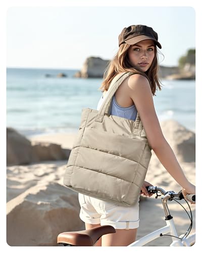 BAGSMART Puffy Tote Bag for Women, Lightweight Work Tote Handbag - color: Light Tan, size: Standard