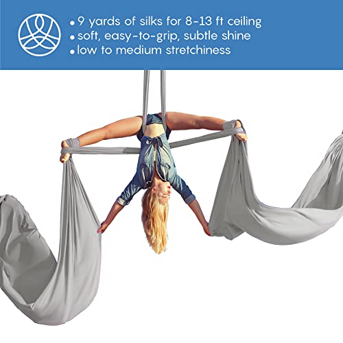 Aerial Silks Starter Kit, 9 Yards, Aerial Yoga Hammock, Hardware | Knitted fabric with pose guide, for aerial yoga, gymnastics, silk swing, stretching and home gym use, suitable for all levels - color: Silver
