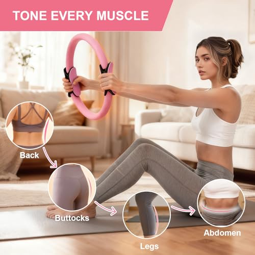Home Pilates Kit for Women - 14 Pcs Pilates Equipment Set with Pilates Ring and Ball, 5 Resistance Bands Etc Accessories for Beginners Home Workouts - Includes Workout Guide - color: Pink