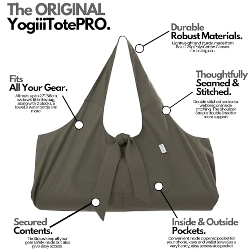 Yogiii Yoga Mat Bag | The ORIGINAL YogiiiTotePRO | Large Yoga Mat Bag or Yoga Mat Carrier with Side Pocket | Yoga Bag Fits Most Size Mats - color: Ash Gray