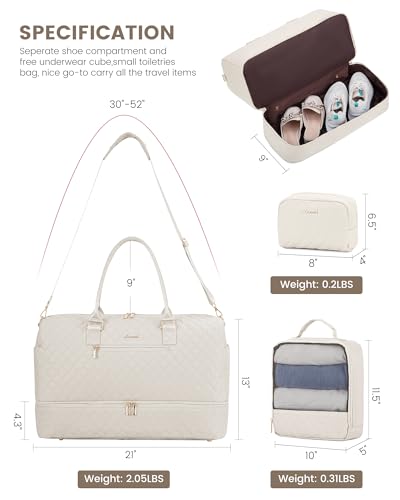 LOVEVOOK Travel Duffle Bag for Women, Weekender Overnight Bag with Shoe Compartment, Carry on Bag with Toiletry Bag, Gym Duffel Bag with Wet Pocket, Hospital Bags for Labor and Delivery 3 Pcs Set - color: Beige, size: Large