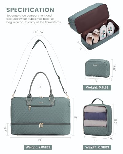 LOVEVOOK Travel Duffle Bag for Women, Weekender Overnight Bag with Shoe Compartment, Carry on Bag with Toiletry Bag, Gym Duffel Bag with Wet Pocket, Hospital Bags for Labor and Delivery 3 Pcs Set - color: Gray Green, size: Large