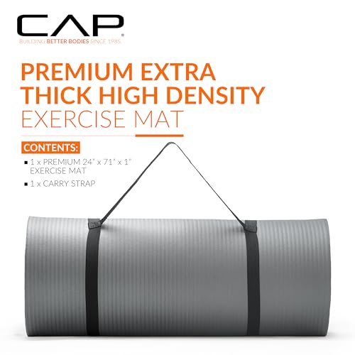 CAP 1" Extra Thick Yoga Mat, Exercise Mat with Strap, Multiple Colors - color: Gray
