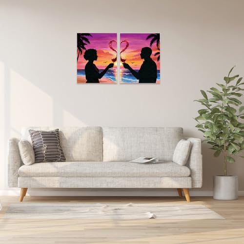 VOCHIC Sip and Paint Kit for Adults Couples Pre Drawn Canvas Painting Kit | Art Party Set for Adults Date Night Sunset Beach 2 Pack (8 x 10 Inches, Wine Glass Couple) - size: 8x10, style: Wine Glass Couple
