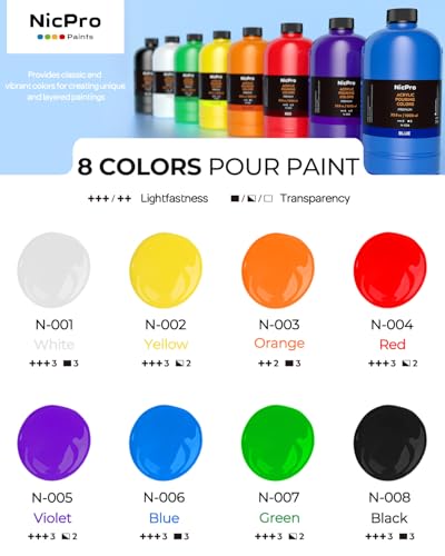 Nicpro 8 Colors Large Bulk Acrylic Pour Paint Set (33.8 oz, 1000 ml) Premixed High Flow Art Pouring Paint Supplies Kit with Silicone Pour Oil, Gloves for Beginner Cell Creation Flow DIY, Ready to Pour | High Flow Art Pouring Paint Supplies Kit with Silico