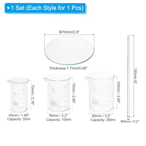 PATIKIL 50/100/250ml Low Form Glass Beaker Borosilicate Glass Beakers Clear | 3.3, Graduated Measuring Cup, with Stirring Rod and Watch Glass, for Experiment Cooking Baking