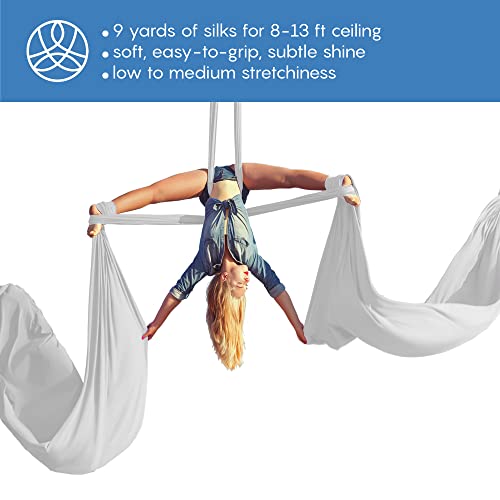 Aerial Silks Starter Kit, 9 Yards, Aerial Yoga Hammock, Hardware | Knitted fabric with pose guide, for aerial yoga, gymnastics, silk swing, stretching and home gym use, suitable for all levels - color: White