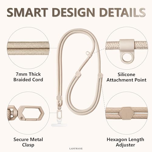 Adjustable Crossbody Phone Lanyard, Braided Cord with Tether Tab | Braided cord, Tether tab, Secure clasp, Accessory clip for hands-free crossbody use - color: Beige