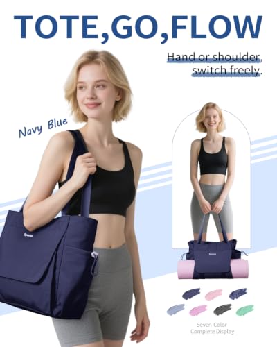sportsnew Yoga Mat Bag Waterproof Tote Gym Bag Mat Carrier W/Wet Pocket | hook-and-loop mat holder 5s quick access, 40oz handled bottle pocket, wet bag, lightweight waterproof, drawstring pockets,19L - color: Navy Blue