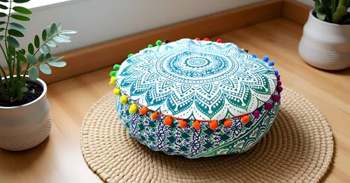 INDIAN CRAFT CASTLE ICC Mandala Barmeri Large Floor Pillow Cover Cushion Meditation Seating Ottoman Throw Cover Hippie Decorative Zipped Bohemian Pouf Ottoman Cases Green Ombre 16" Round - color: Green, size: 16"D x 16"W x 5"H
