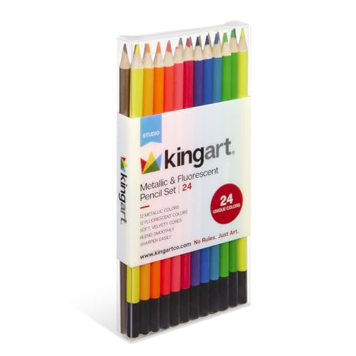 KINGART Metallic & Fluorescent Artist Quality 24 Ct. Colored Pencil Set, 24 Unique Colors, Pre-Sharpened for Sketching & Drawing Paper, Coloring Book Design and Mixed Media Art