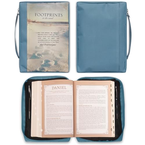 Christian Art Gifts Men/Women's Bible Cover Footprints, Blue Poly Canvas, Medium - color: Blue/Footprints, size: Medium