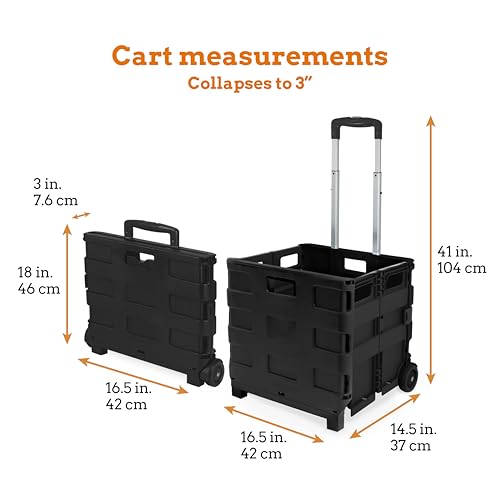 Inspired Living Collapsible Ultra-Slim Pack-N-Roll, 2 Wheel Utility Cart , With Telescopic Handle - Super Strong up to 80 Lbs Load Capacity, Black - color: Black, size: Large/ No Lid