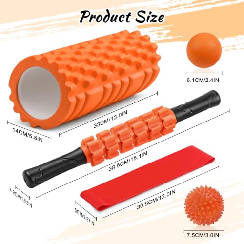 Aucuu 6 in 1 Foam Roller Set Includes Hollow Core Massage Roller, Yoga Stick, Massage Ball, Fitness Stretching Strap, Carrying Bag, Towel, Massage Roller (Orange) - color: Orange