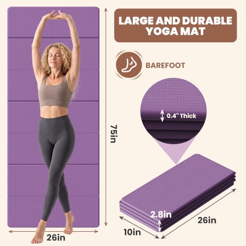 Stepwaver Foldable Fitness Yoga Mat, 0.4” (10 mm) Extra Thick -75” x 26” - color: Purple