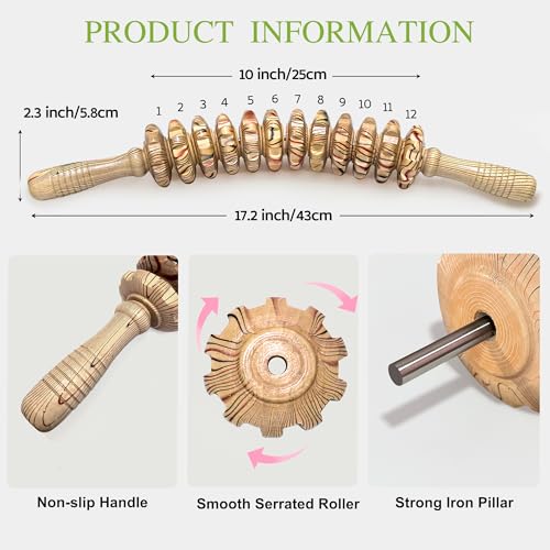 Wood Therapy Massage Roller Stick for Muscle Relief & Cellulite Reduction | Curved 12-Wheel Massager for Legs, Body Sculpting, Wooden Massage Tools for Trigger Points Relief, Sore Muscle Recovery - color: Wood Grain-12 Rollers