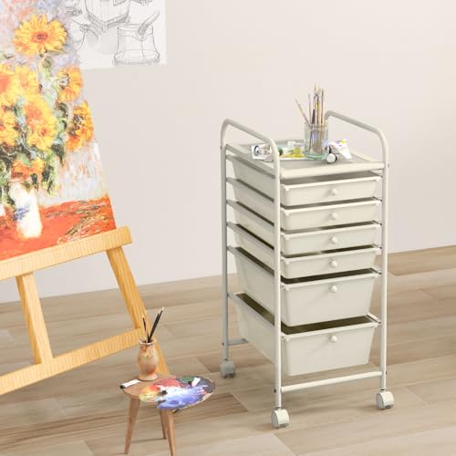 GOFLAME 6-Drawer Rolling Storage Cart, Multifunctional Art Supply Organizer Cart, Mobile Utility Storage Cart with Removable Drawers & Lockable Wheels, Craft Cart for Home Office, White - color: White, size: 6-Drawer without Wood Top