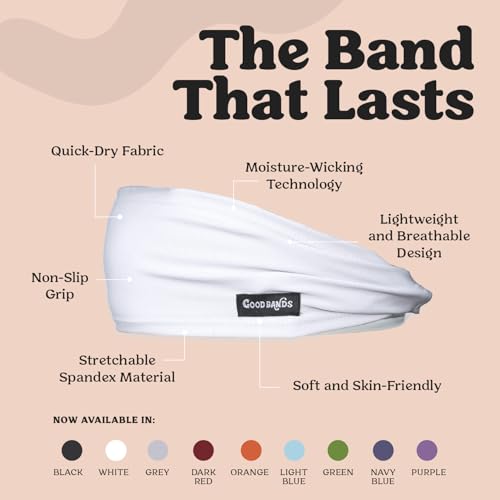 Good Bands Sweat Headbands for Men and Women, Non Slip Workout Sweatband - color: White, size: Pack of 3