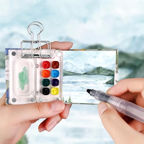 11 Pcs Mini Portable Watercolor Palette Set Travel Paint Palette Kit Pocket Watercolor Travel Set Clear Acrylic Grid Paint Box 3Pocket Watercolor Sketchbooks 6Artist Paint Brushes 1Binder Clip