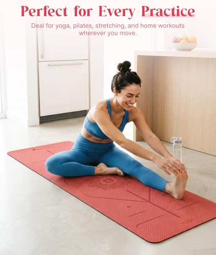ROMIX Pro Yoga Mat With Alignment Lines, 6Mm Thick Non-Slip Exercise Mat | 72 x 24 In TPE Large Pilates Mat For Home Workout, Stretching, Training, Meditation, Carry Bag Included For Women And Men - color: Red