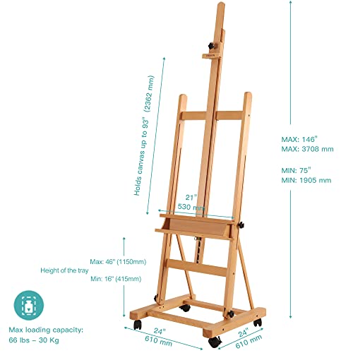 VISWIN Extended Large H-Frame Easel for Painting, Adjustable Beech Wood Artist Easel Stand with 4 Wheels & Storage Tray, Foldable Art Easel Floor for Adults, Hold Canvas up to 93" - N - color: Natural, size: XL